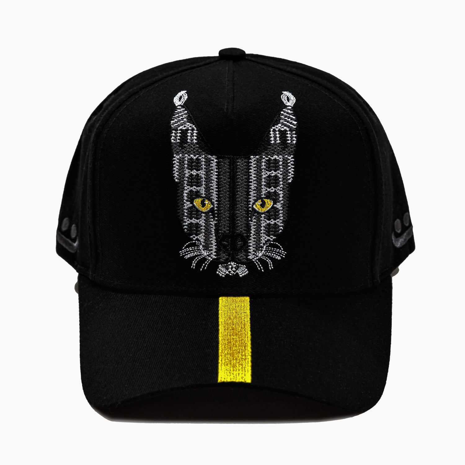 black cap, caracal. grey and yellow embroidery, cap, baseball cap, unisex, man, woman, al sadu,