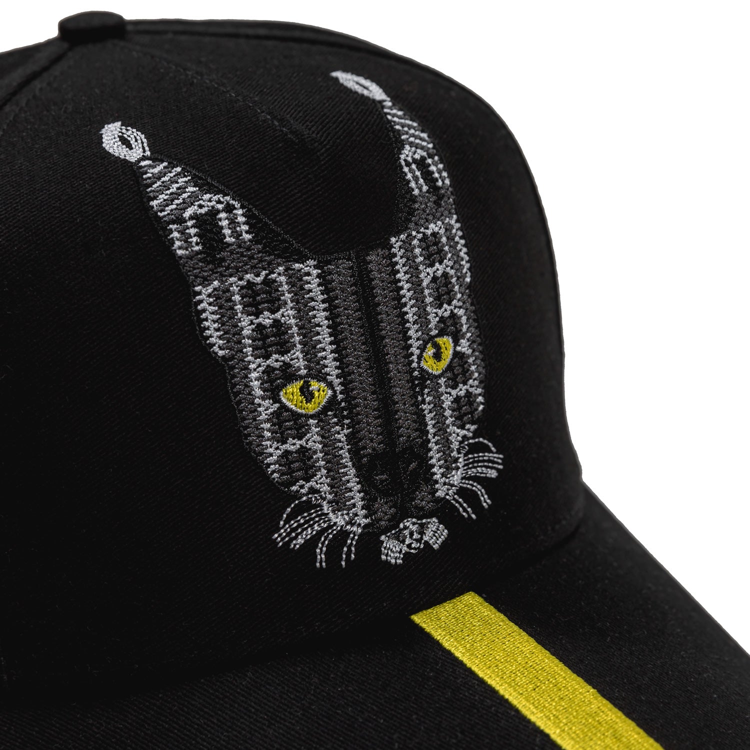 black cap, caracal. grey and yellow embroidery, cap, baseball cap, unisex, man, woman, al sadu,
