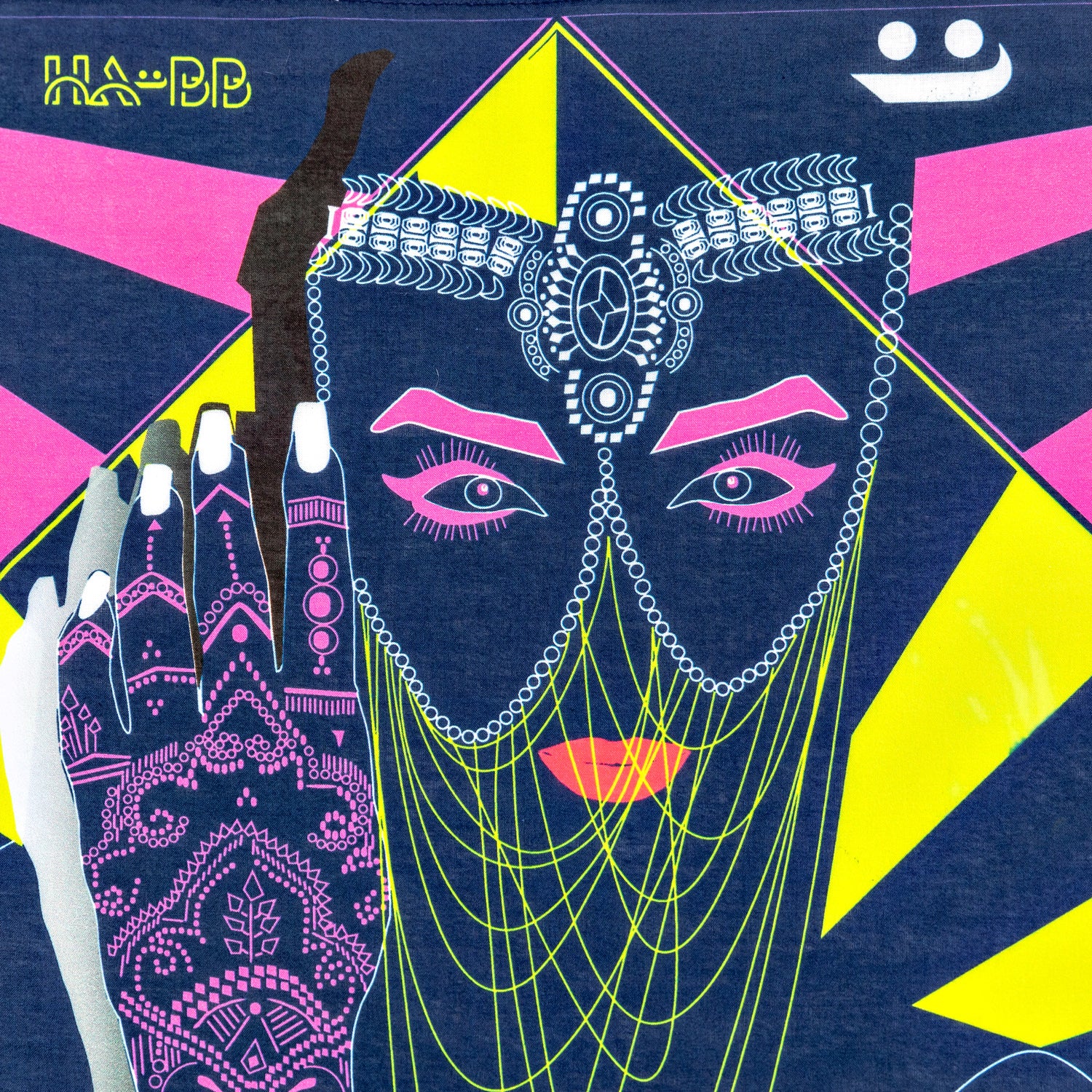 bandana, Arab eyes, Blue, yellow, purple, square 55x55, cotton, Woman, detail