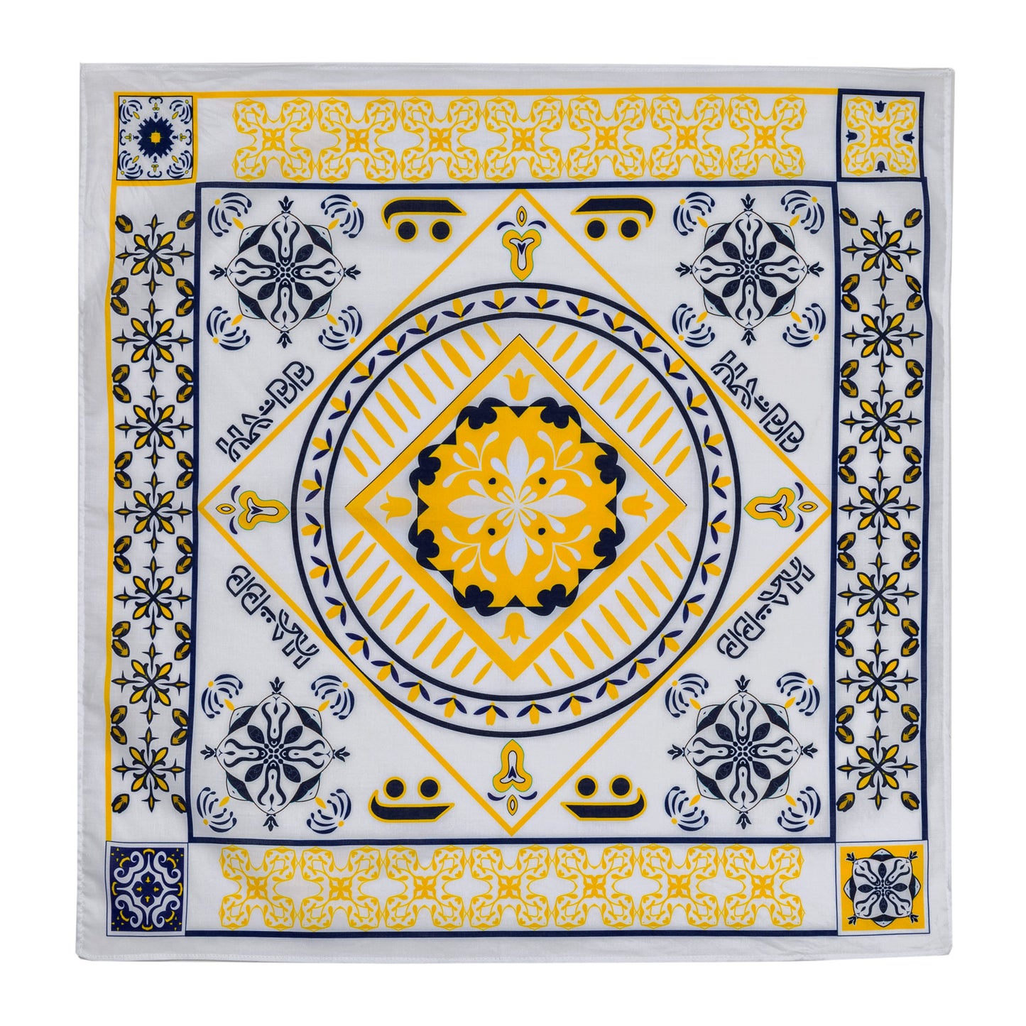 bandana, tile, yellow , blue, white, square 55x55, cotton