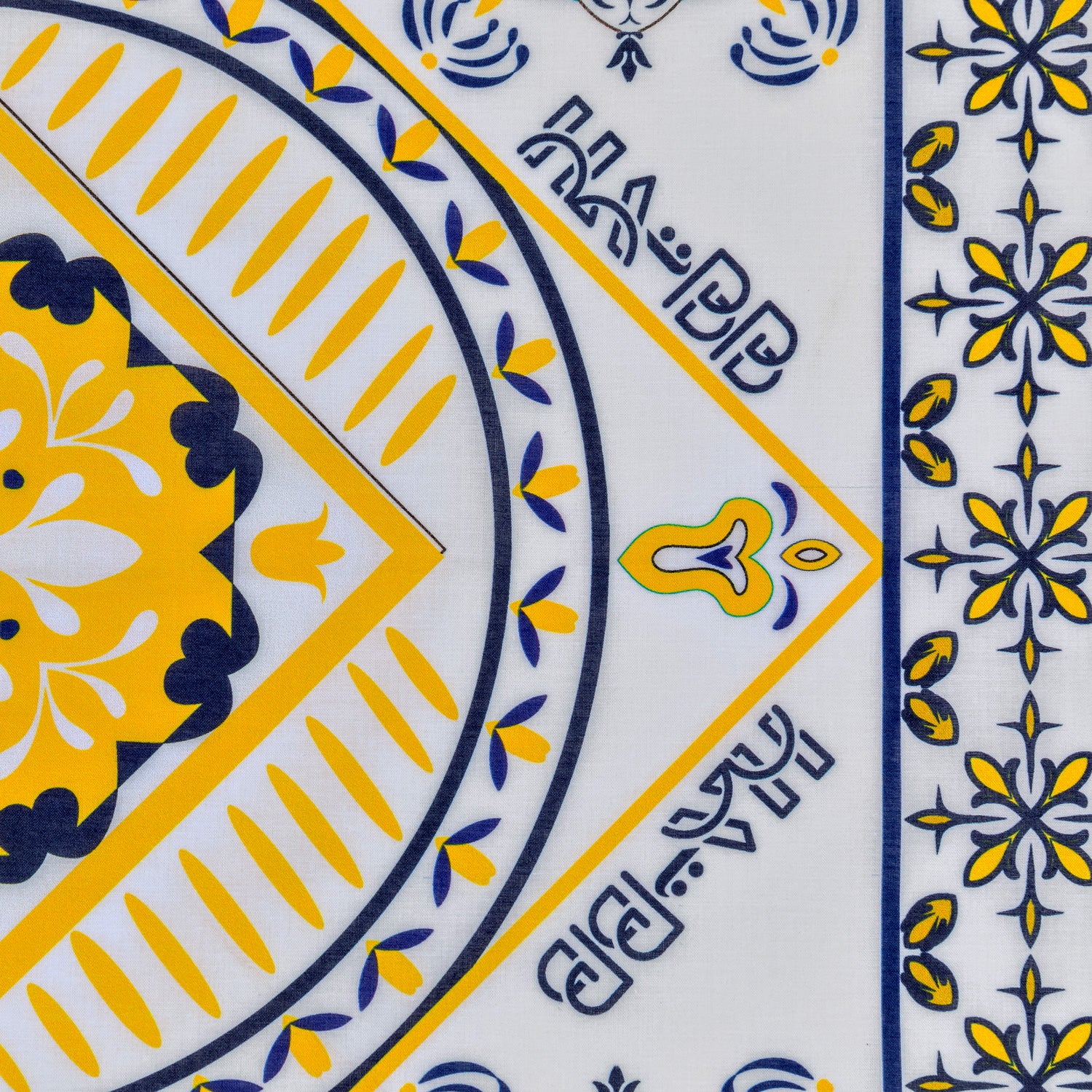 bandana, tile, yellow , blue, white, square 55x55, cotton, detail