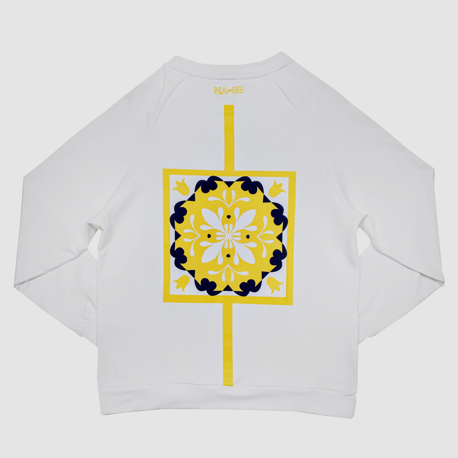 pullover, jumper, white, tiles, architecture, fashion, babibi, woman, jumper, soft, cotton, blue yellow print, long sleeve, back