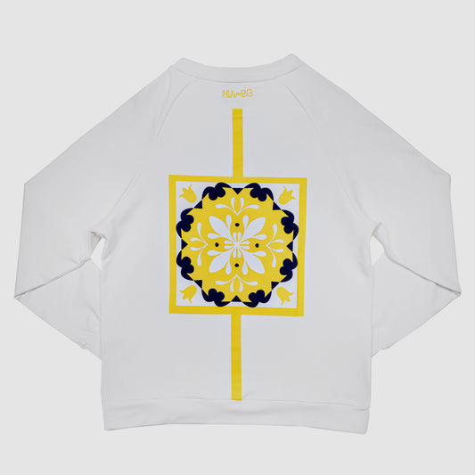 pullover, jumper, white, tiles, architecture, fashion, babibi, woman, jumper, soft, cotton, blue yellow print, long sleeve, back