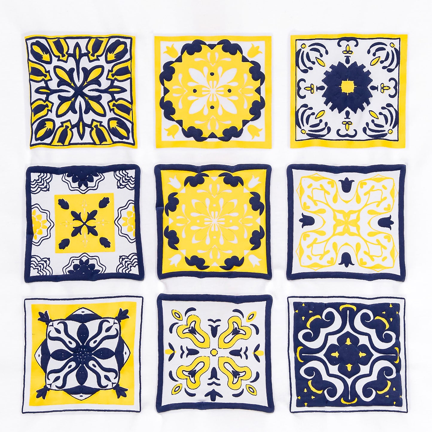 Mudejar tiles, white T-shirt, Tee, screen printing, lose tee, relaxed fit, beautiful shirt, woman, blue and yellow print, detail