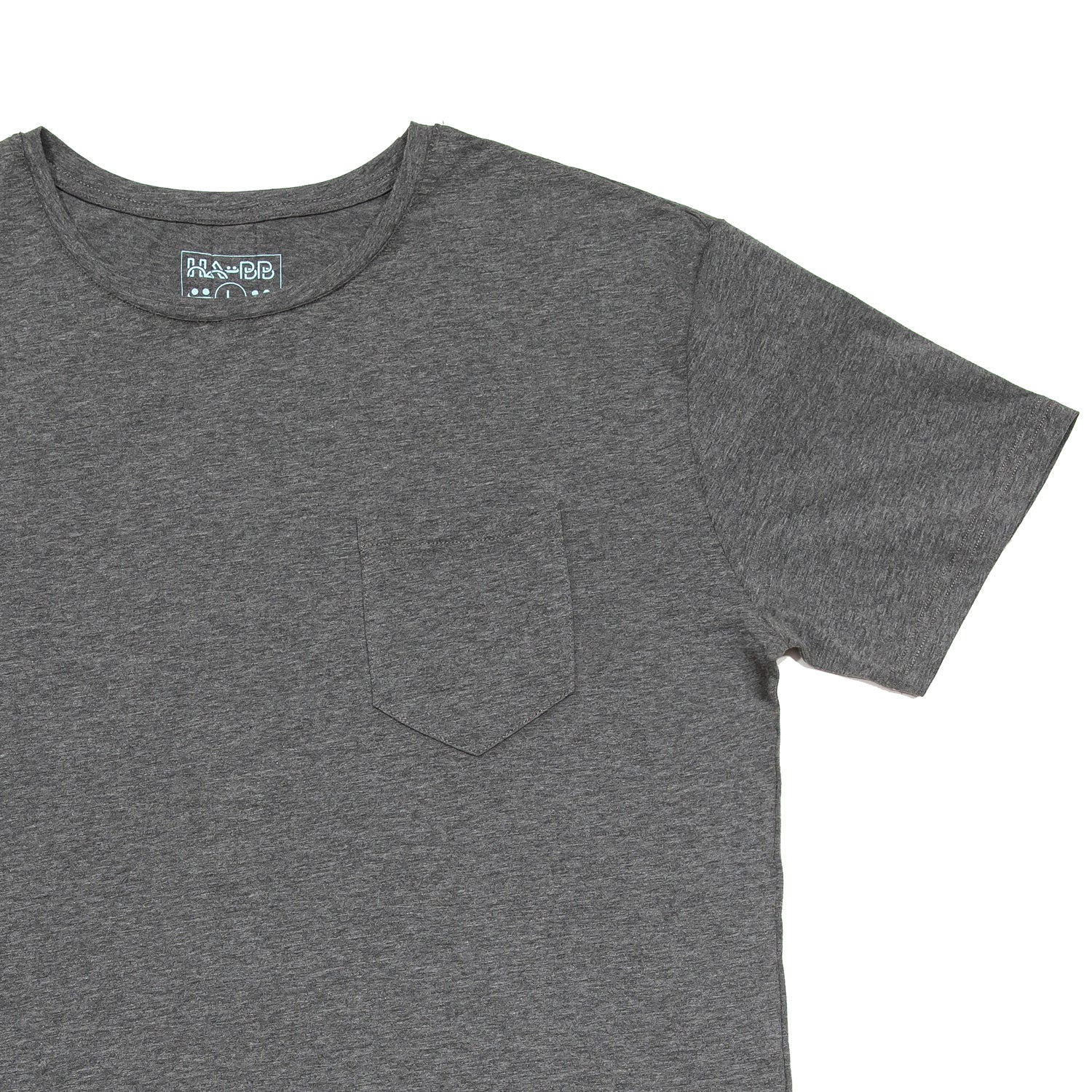 grey T-shirt, tee, front pocket, embroidery signature, iconic, detail view, short sleeve