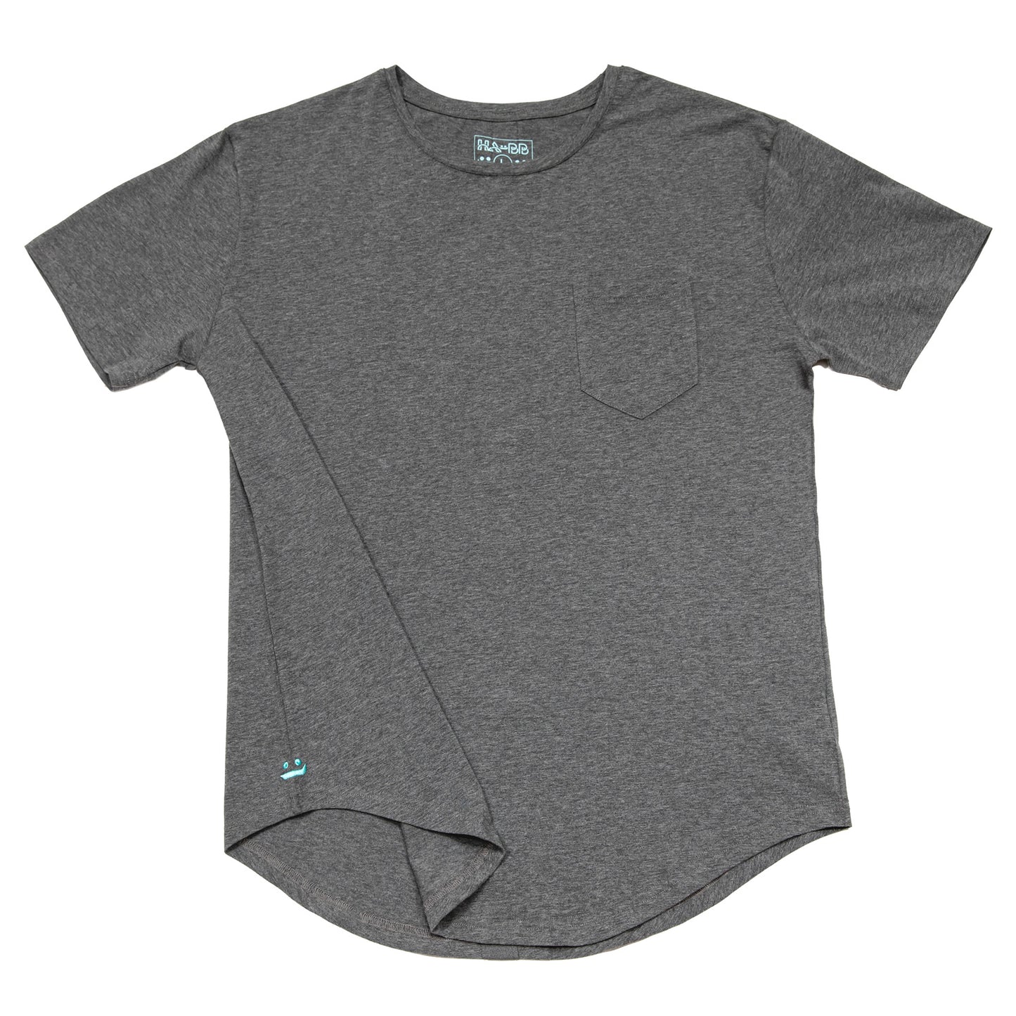 grey T-shirt, tee, front pocket, embroidery signature, iconic, front view, 
