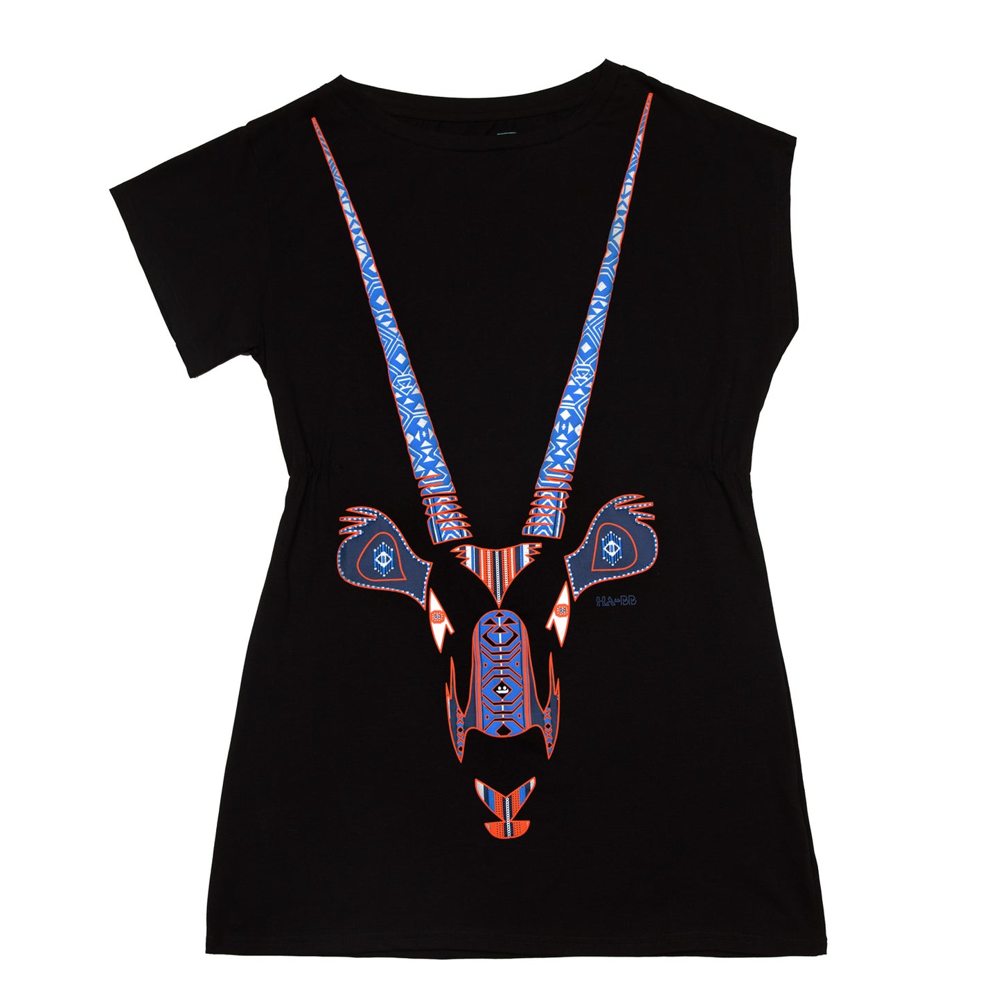 Litttle black dress, with a 3d screen print in blue and orange for woman