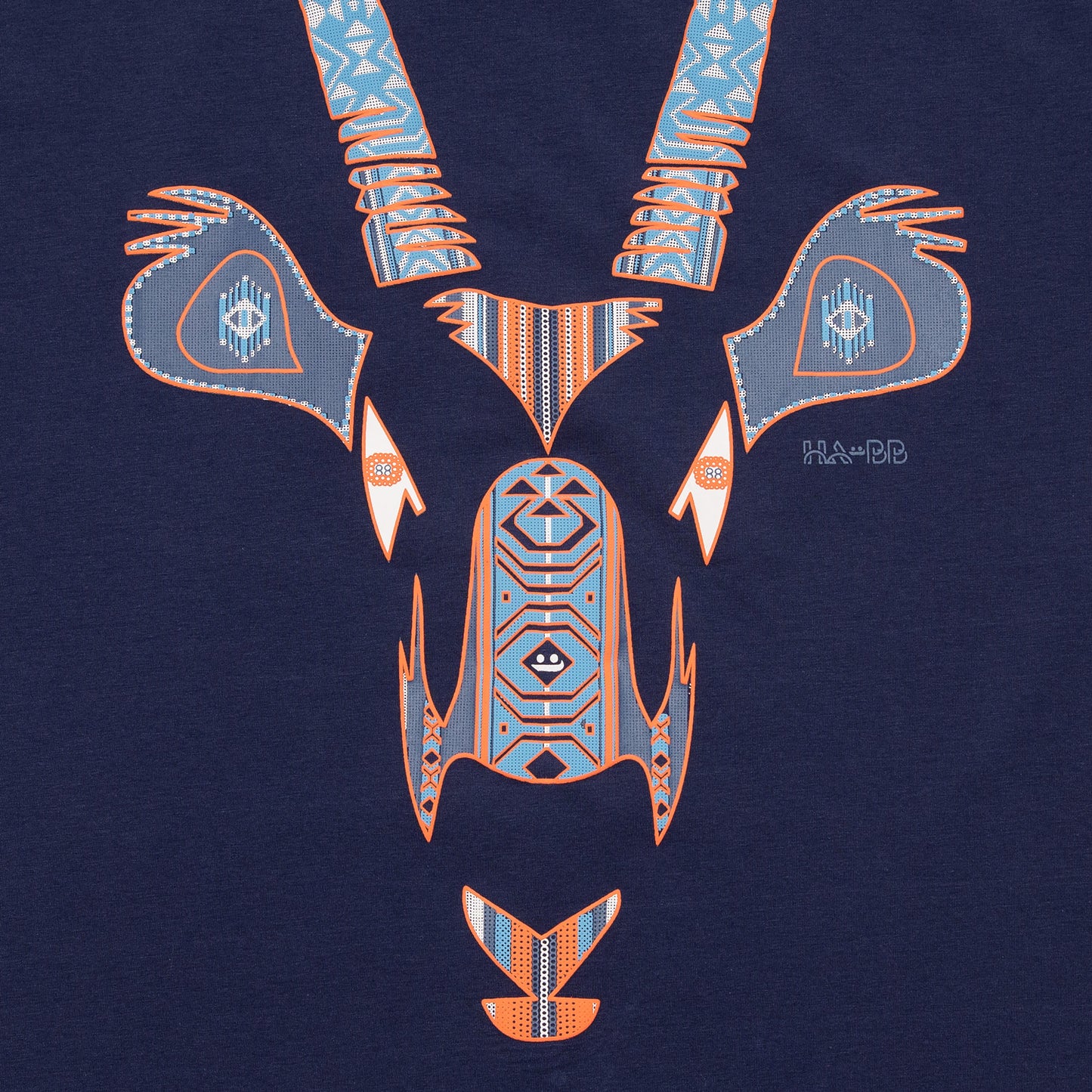 Oryx, Tradition, WWF, blue t-shirt, tee, blue, orange print, man, front view, Detail