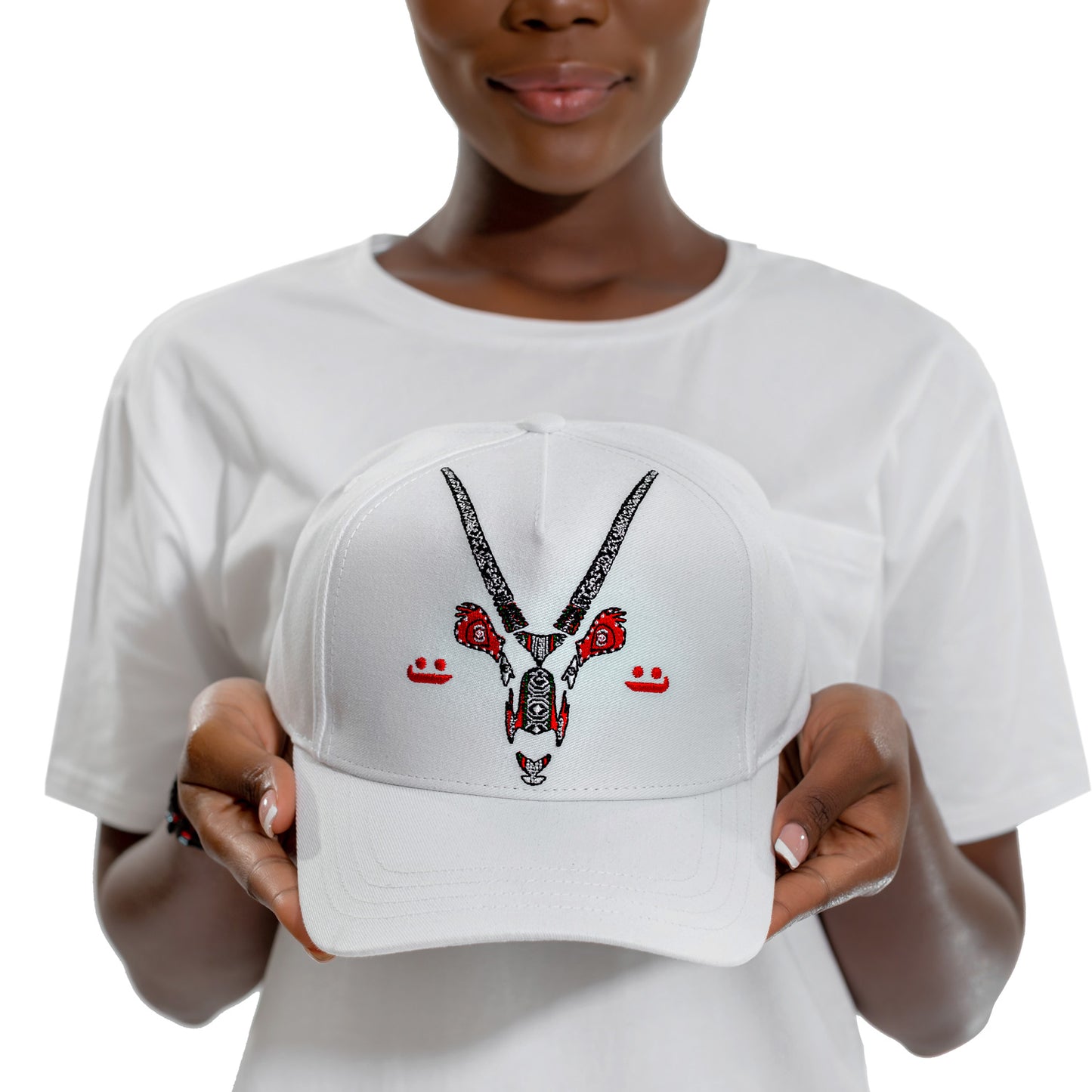 White baseball cap with Oryx embroidery al sadu HABB trucker cap detail for woman