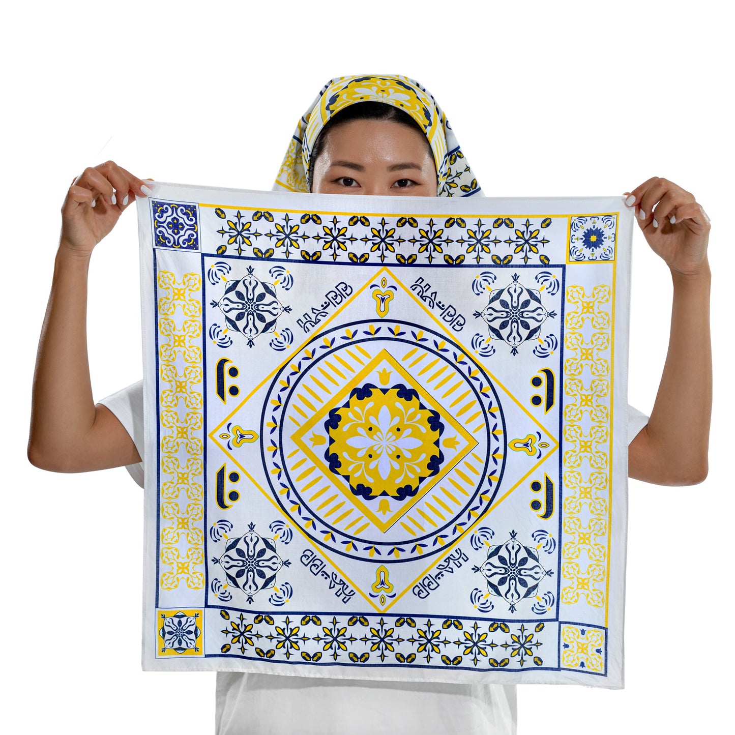 bandana, tile, yellow , blue, white, square 55x55, cotton, Model