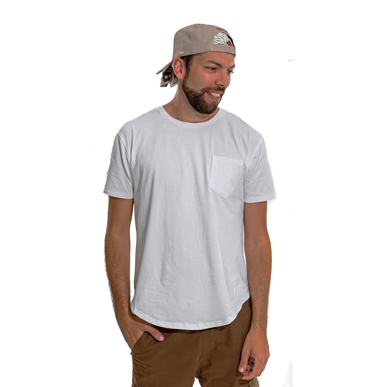 white T-shirt, front pocket, round neck, front view, short sleeve, man, Model, Cap, Bandana