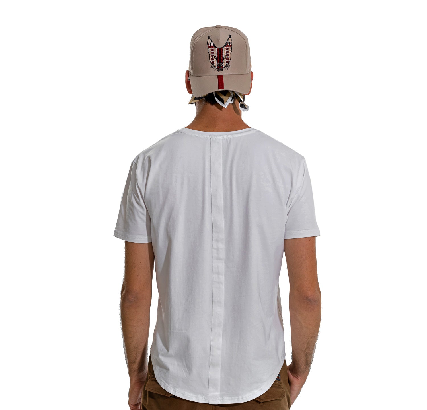 white T-shirt, front pocket, round neck, front view, short sleeve, man, model, cap, bandana