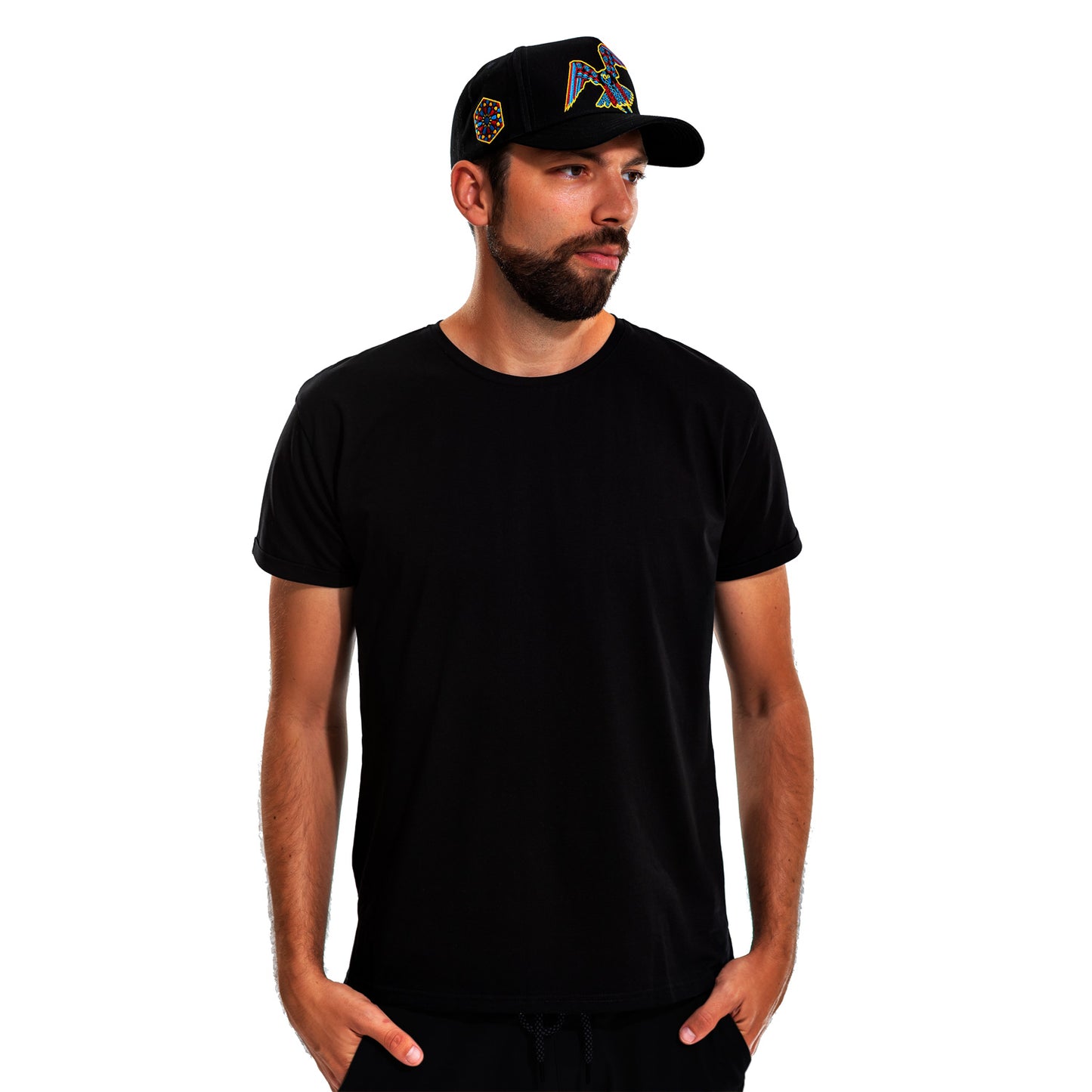 Deep black, T-shirt, shirt, man, plane tee, soft cotton, sleek, front view, model
