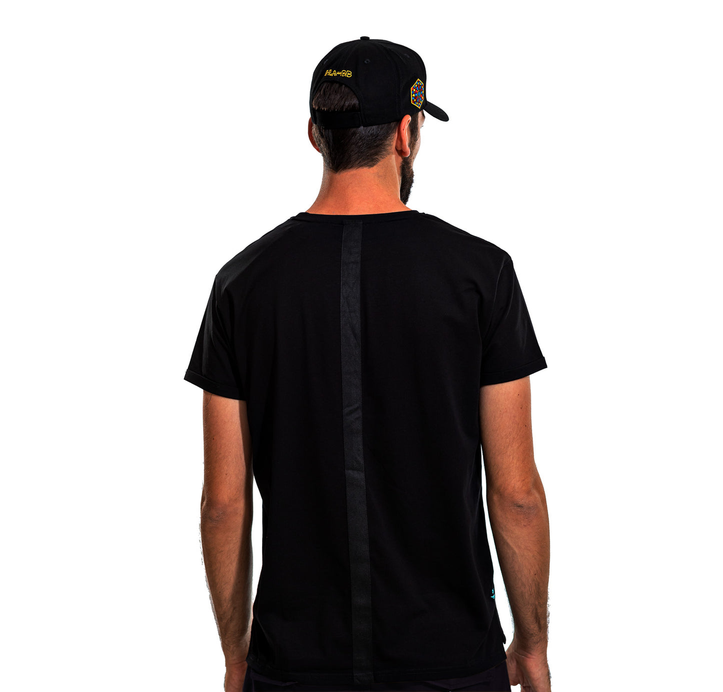 Deep black, T-shirt, shirt, man, plane tee, soft cotton, sleek, back view, Model, cap, falcon