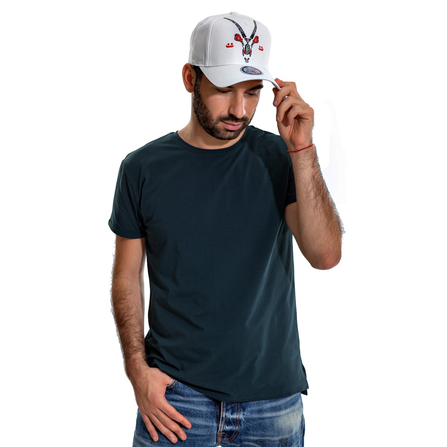 White baseball cap with Oryx embroidery al sadu HABB trucker cap and aegan t-shirt for man