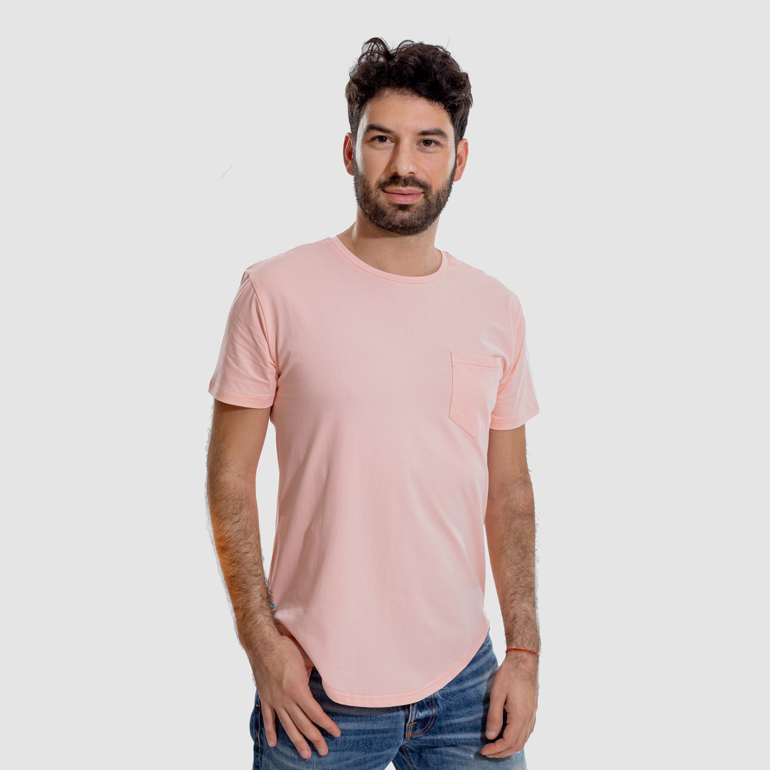 Man, T-shirt, Tee, Pink, embroidery, round neck, short sleeve, pocket, Model