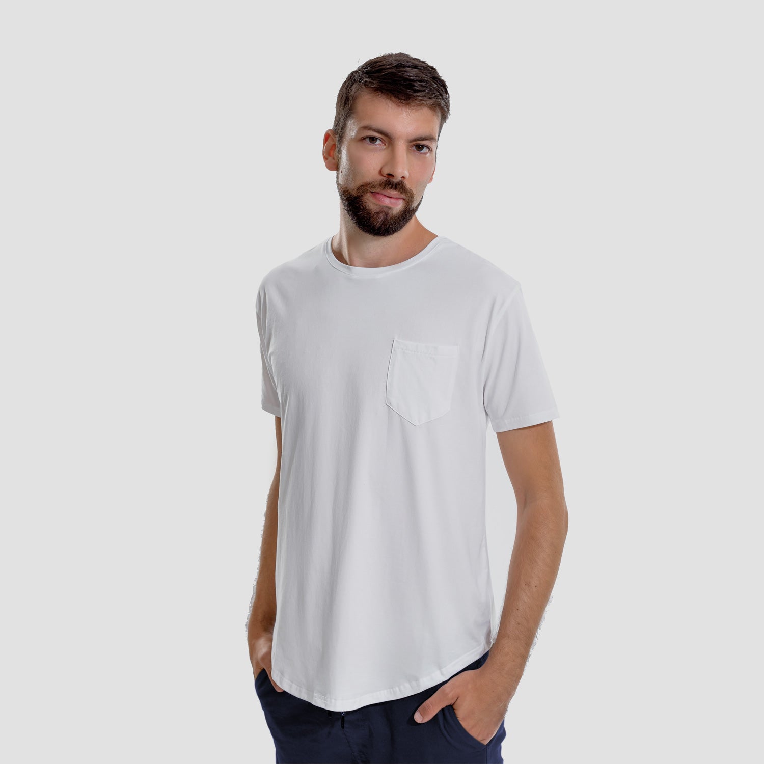 White T-shirt, front pocket, short sleeves, Al Sadu, Print, rounded bottom, modern, Man, front view, model