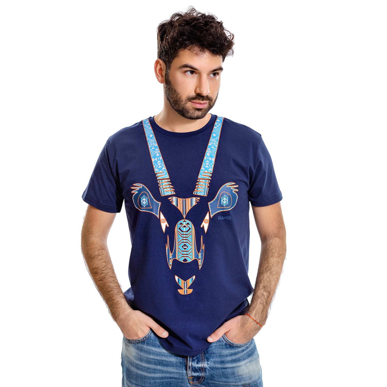 Oryx, Tradition, WWF, blue t-shirt, tee, blue, orange print, man, front view