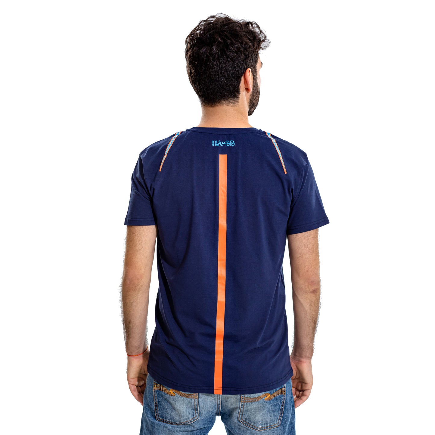 Oryx, Tradition, WWF, blue t-shirt, tee, blue, orange print, man, back view, model