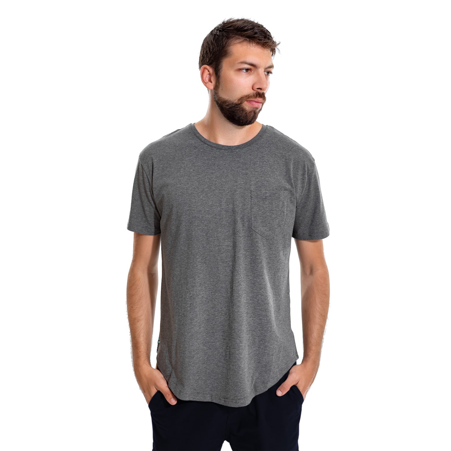 grey T-shirt, tee, front pocket, embroidery signature, iconic, front view, Model