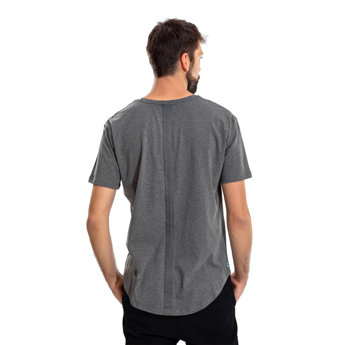 grey T-shirt, tee, front pocket, embroidery signature, iconic, back view, Model