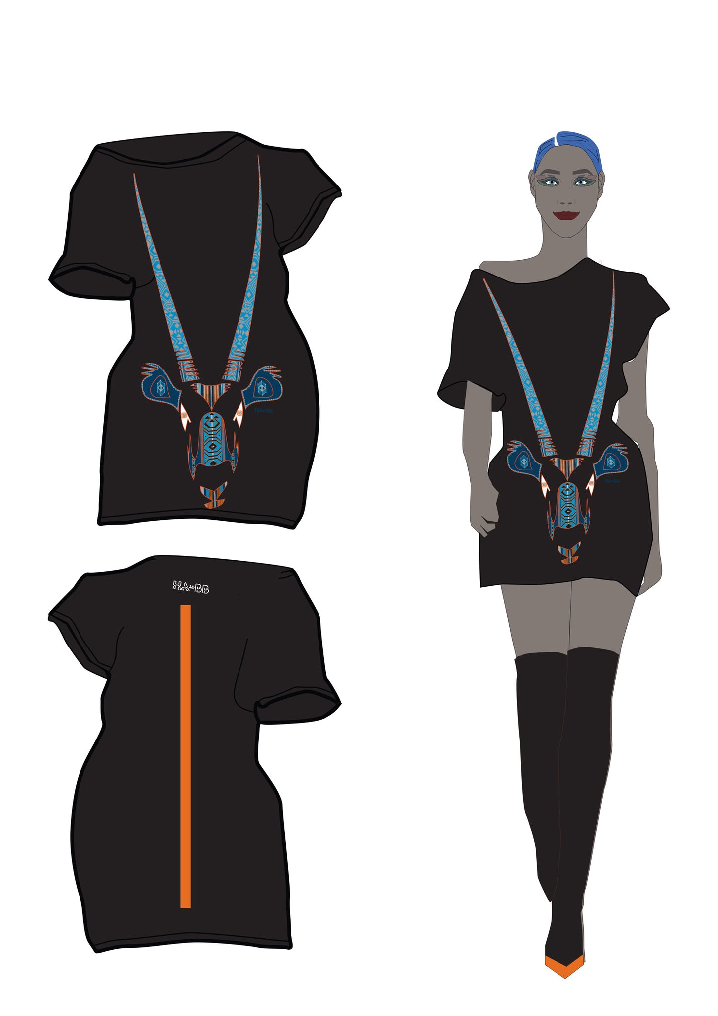 Litttle black dress, with a 3d screen print in blue and orange for woman